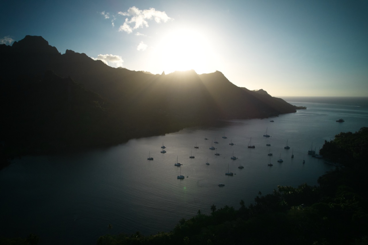 Aerial view of a bay and coastline at sunset